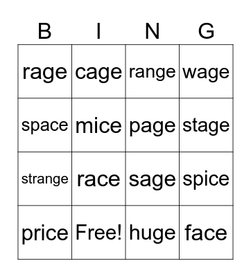 -ge and -ce Bingo Card