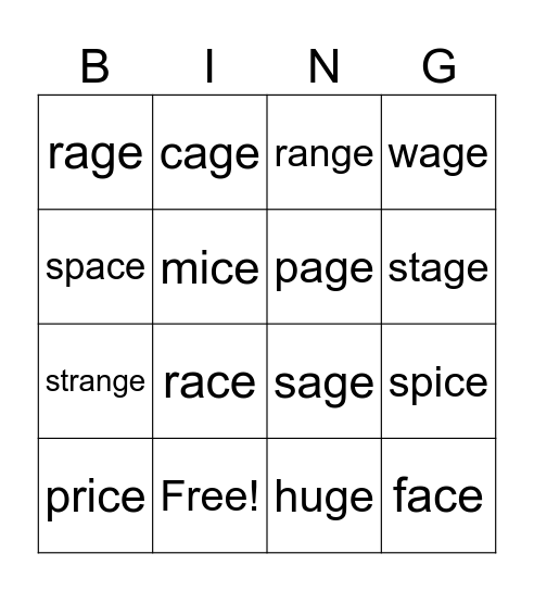 -ge and -ce Bingo Card