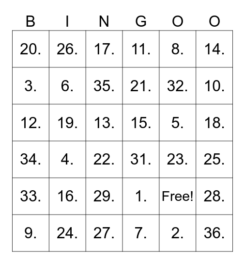 Transfusion Bingo Card