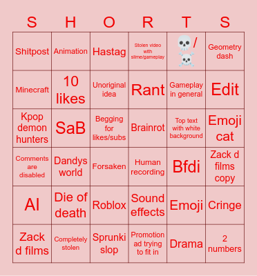 YT shorts bingo Card