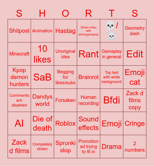 YT shorts bingo Card