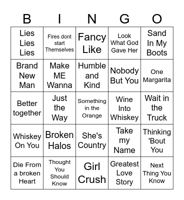 New Country Bingo Card