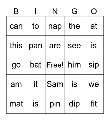 Short a and i Bingo Card
