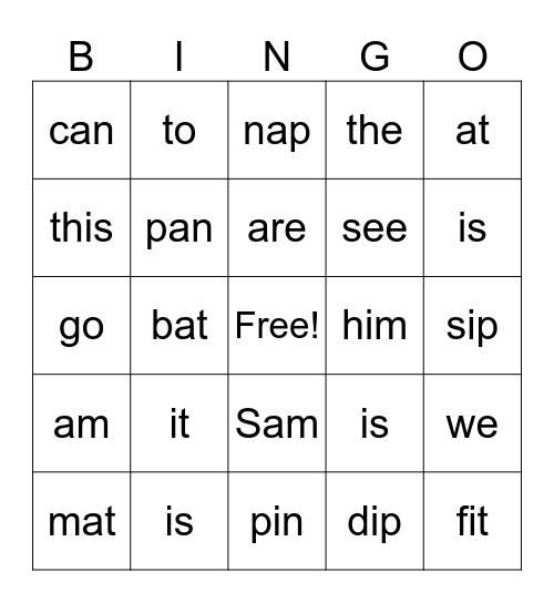Short a and i Bingo Card