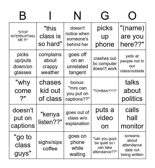 mrs narrol Bingo Card