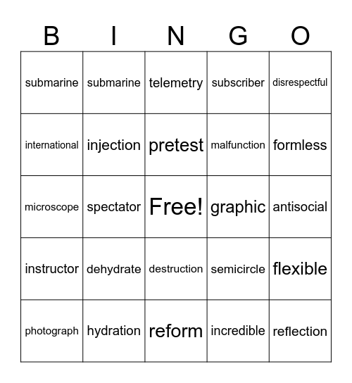 Prefixes, Roots and Suffixes Bingo Card