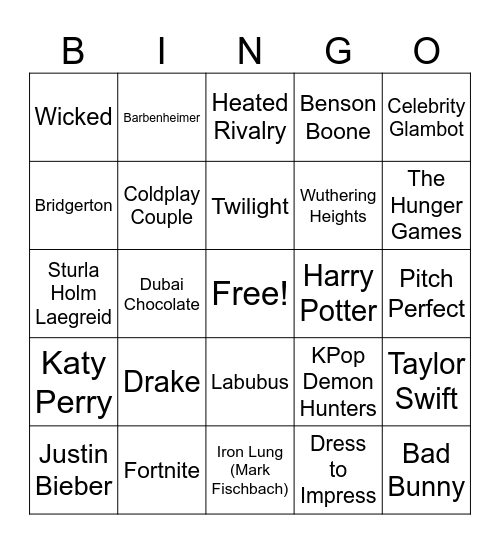 Pop Culture Bingo Card