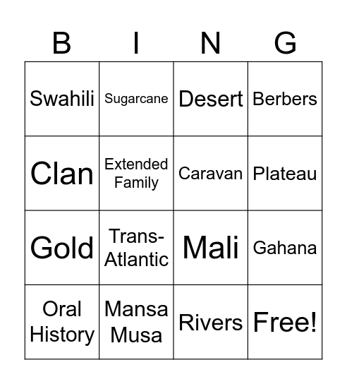 Africa Bingo Card
