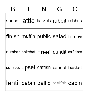 Multisyllabic Bingo! Bingo Card