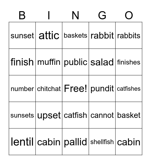 Multisyllabic Bingo! Bingo Card