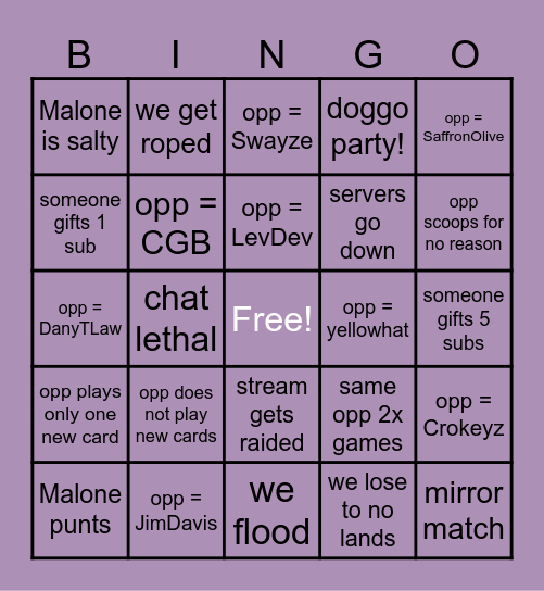 Malone's Early Access Bingo Card