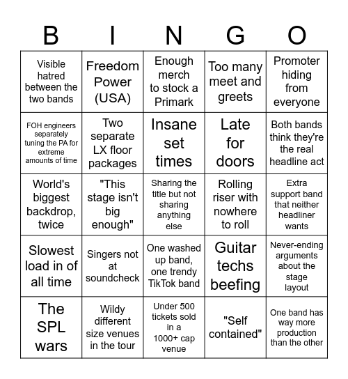"Co-headline" Tour Bingo Card