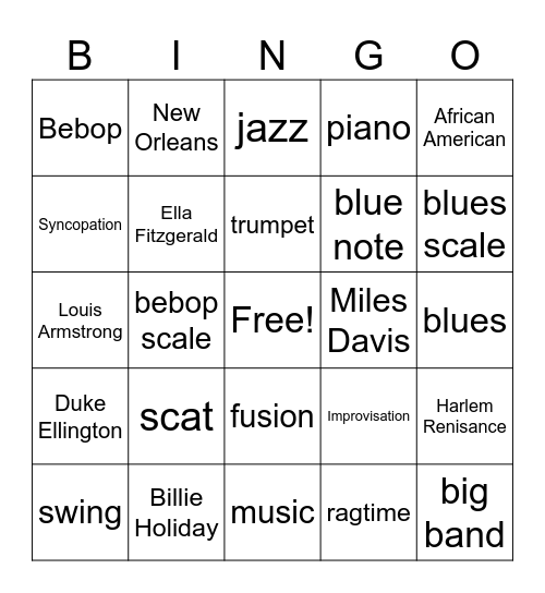 Jazz Music Review Bingo Card