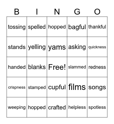 Derivatives through suffix -ed Bingo Card