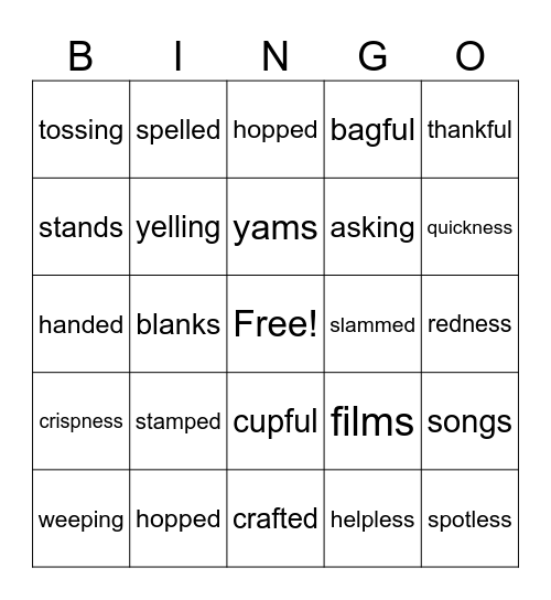 Derivatives through suffix -ed Bingo Card