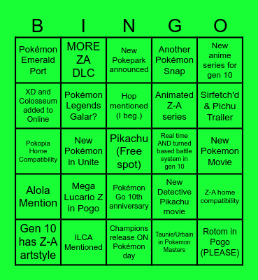 Pokémon Presents Bingo Card