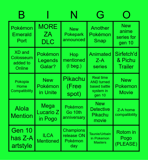 Pokémon Presents Bingo Card