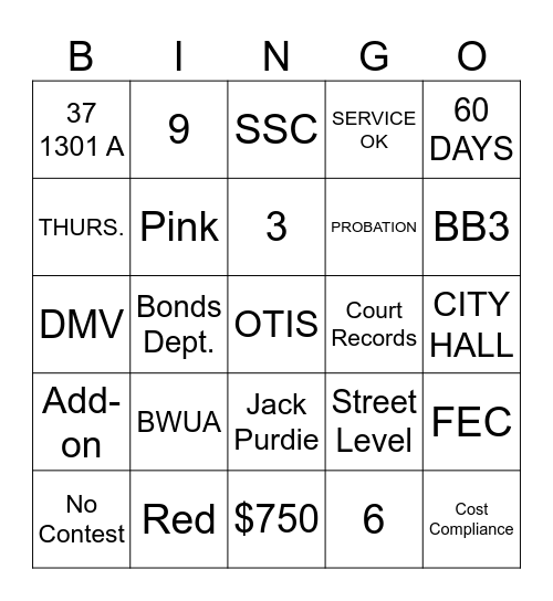 TULSA MUNICIPAL COURT Bingo Card