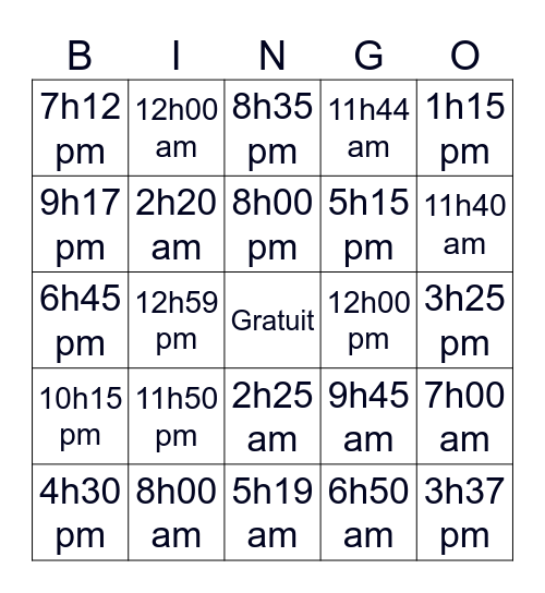 Telling Time in French Bingo Card