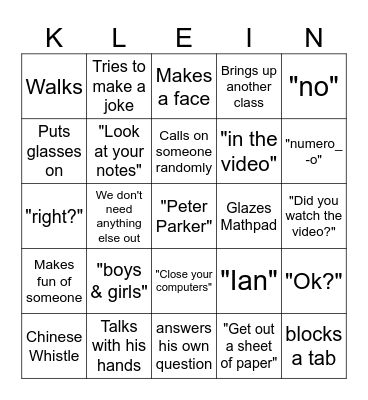 Klein Bingo Card