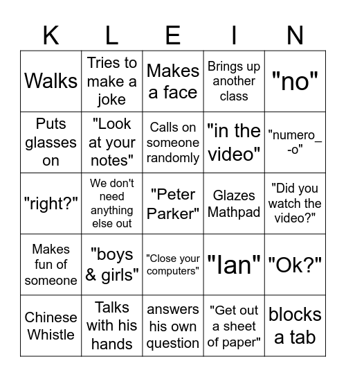 Klein Bingo Card