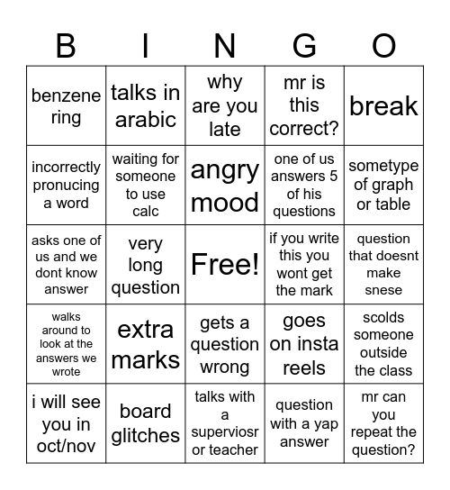 chemistry bingo Card
