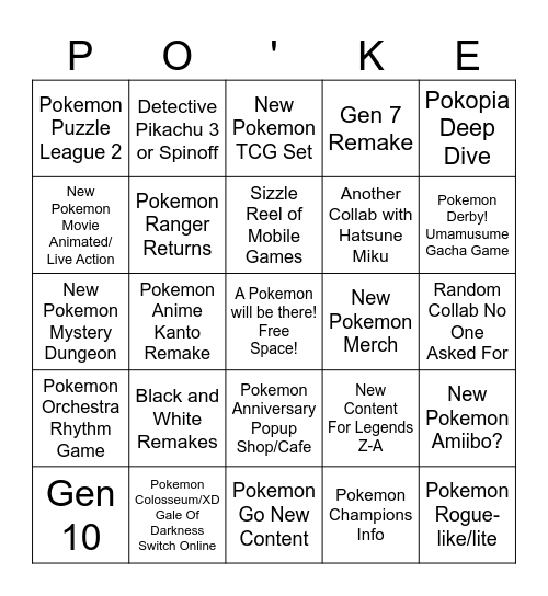 Pokemon Presents Bingo Card