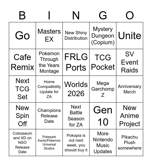 Pokemon Presents Bingo Card