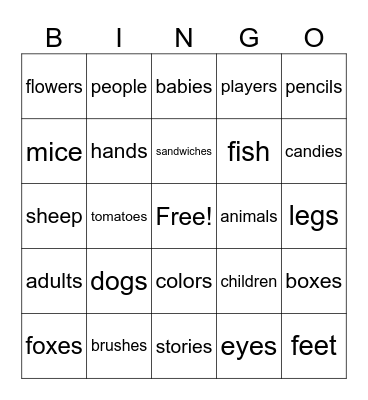singular & Plural Nouns Bingo Card