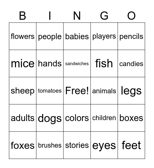 singular & Plural Nouns Bingo Card