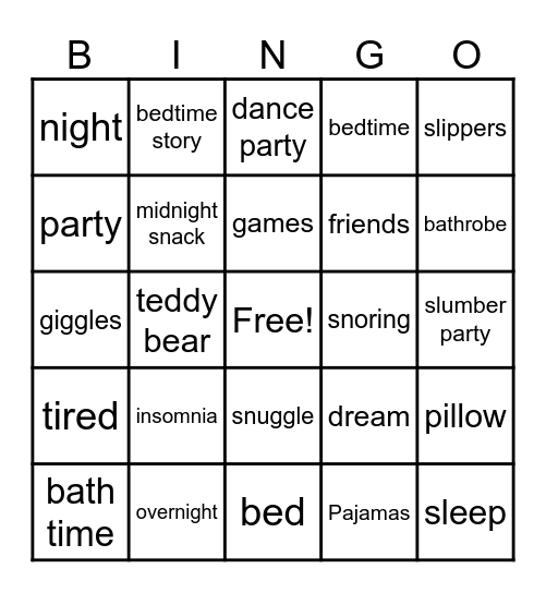 Stuffy Sleepover Bingo Card