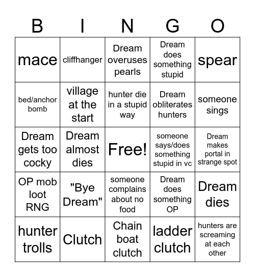 Dream 6 Hunters Manhunt Bingo Card