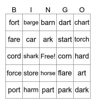 R controlled vowels (ar) Bingo Card