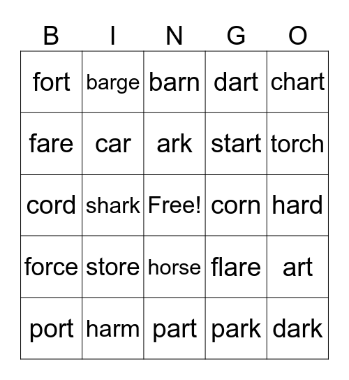 R controlled vowels (ar) Bingo Card