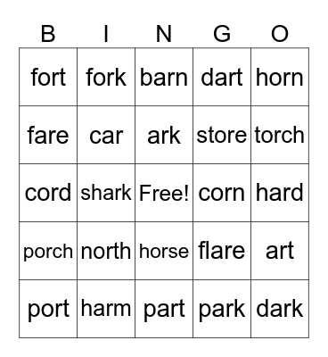 R controlled vowels (ar) Bingo Card