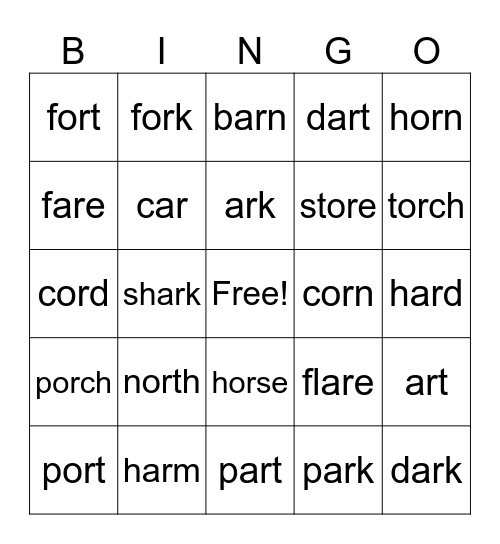 R controlled vowels (ar) Bingo Card
