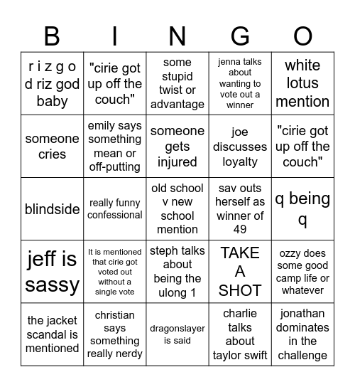 Survivor Bingo Card