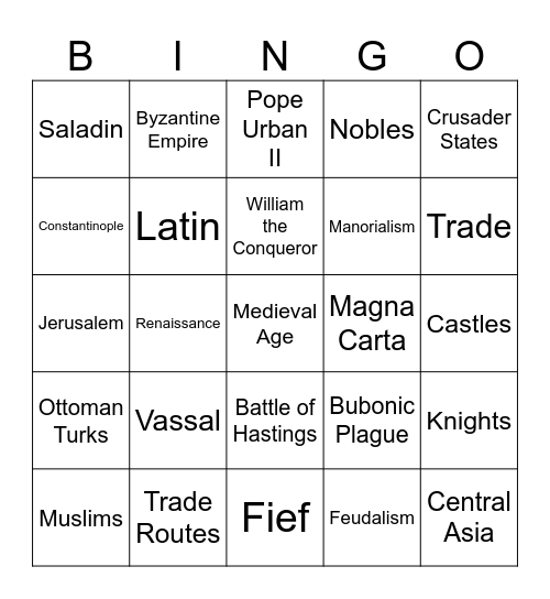 High Middle Ages Jingo Bingo Card