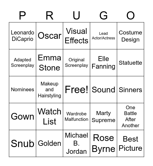 ACADEMY AWARDS Bingo Card