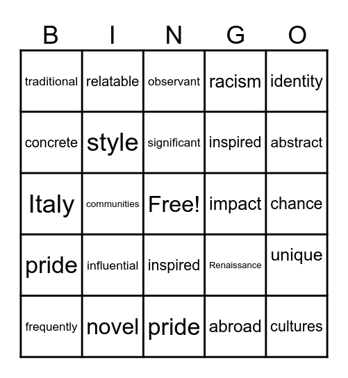 Langston Hughes Bingo Card