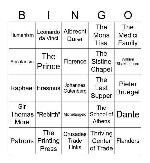 The Renaissance Bingo Card