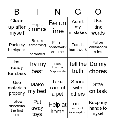 Responsibility Bingo Card