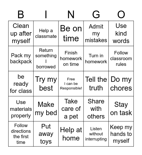 Responsibility Bingo Card
