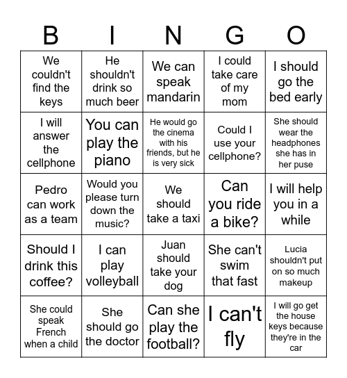 Modal verbs Bingo Card