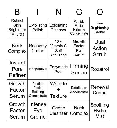 ZO Skin Health Retail Bingo Card