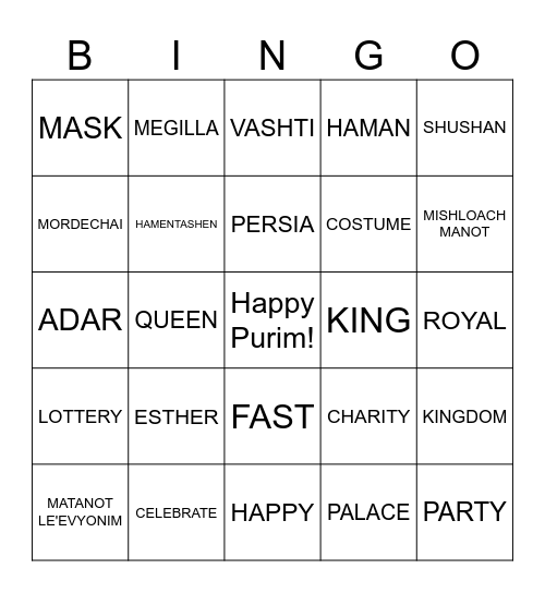 PURIM BINGO Card