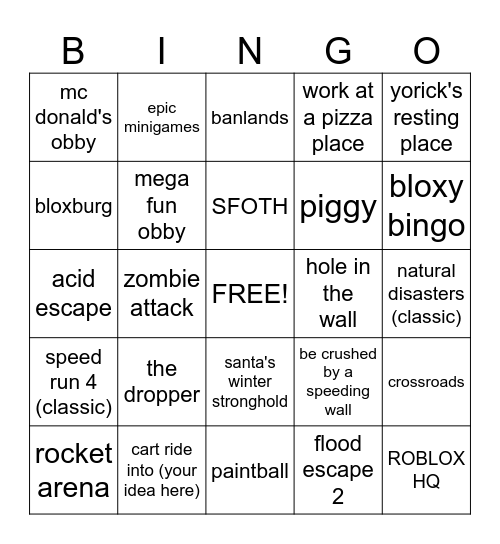ROBLOX EXPERIENCE BINGO Card