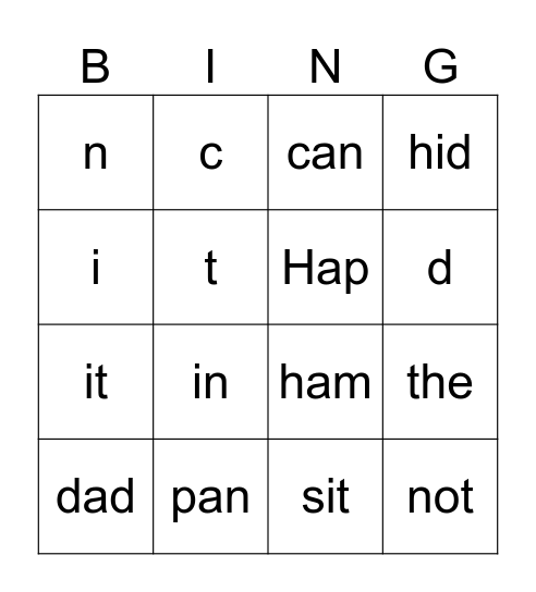 Kindergarten Bingo Card