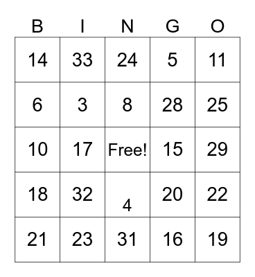 Numeros 0 - 30 Bingo Card