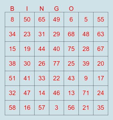 Number Bingo Card